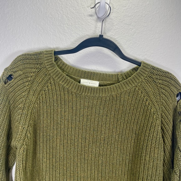 Lucky Brand Olive Green Knit Sweater Braided Sleeves Casual Pullover S‎ - Picture 1 of 4